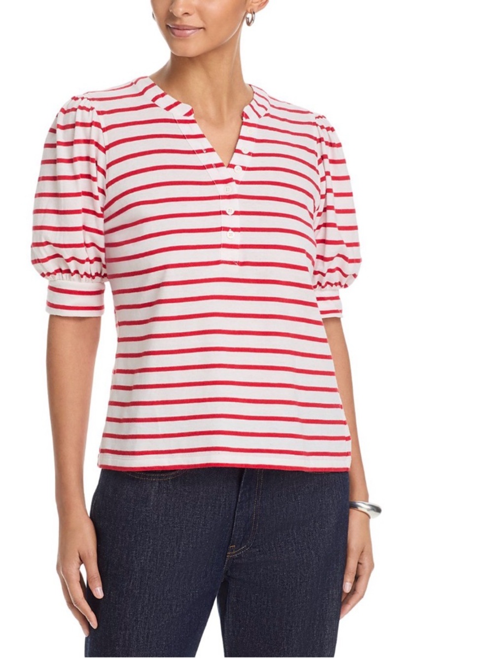 Rails Jewel Striped Cotton Puff-Sleeve Henley Size Small